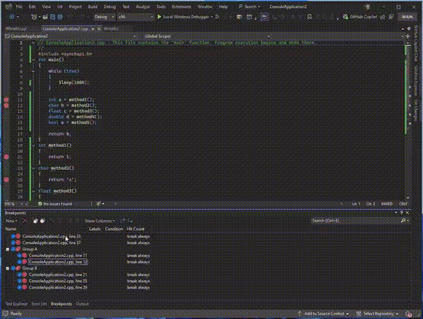 Example of Breakpoint Groups Export and Import